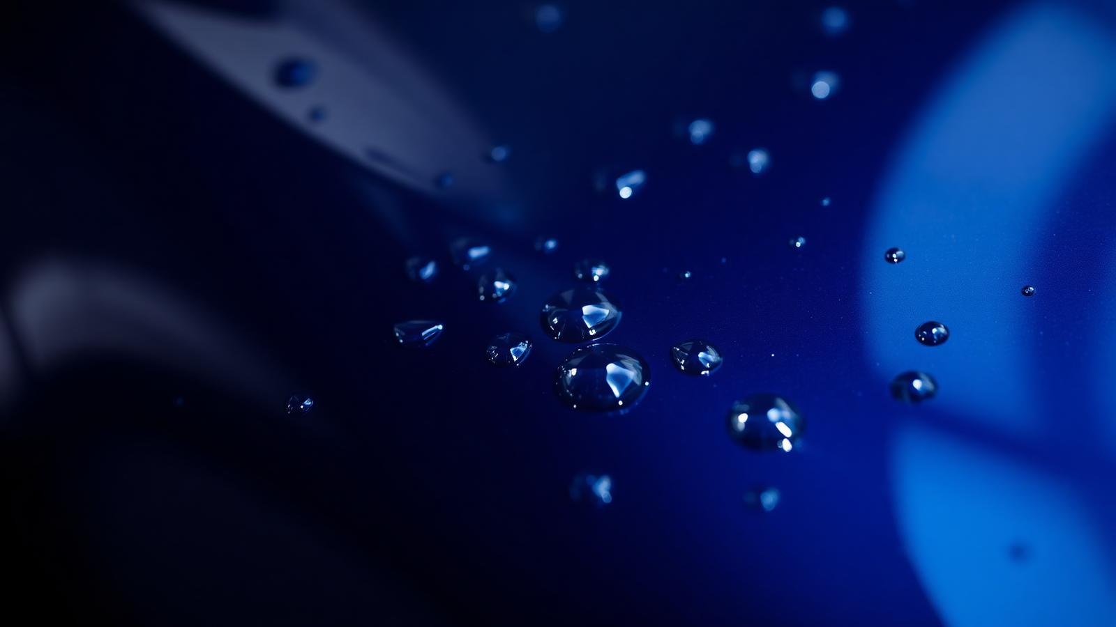 Water beading on ceramic-coated deep blue car paint